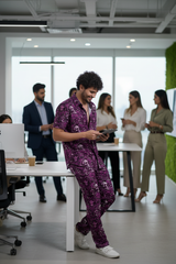 Skull and Rose Printed Purple Shirt with Pant Co-Ord Set For Men