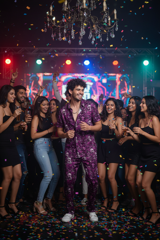 Skull and Rose Printed Purple Shirt with Pant Co-Ord Set For Men