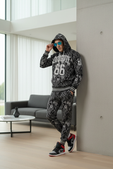 Go Devil 66 & Paisley Design Printed Black Hooded Cord Set for Men