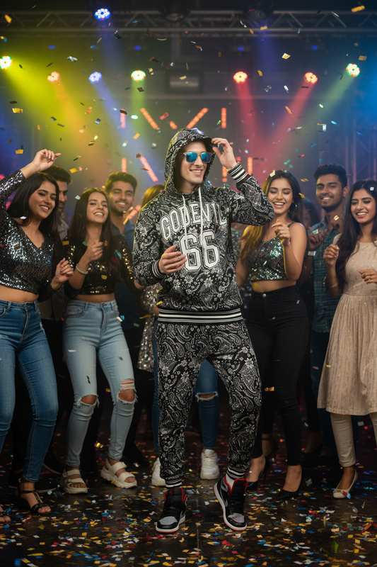 Go Devil 66 & Paisley Design Printed Black Hooded Cord Set for Men