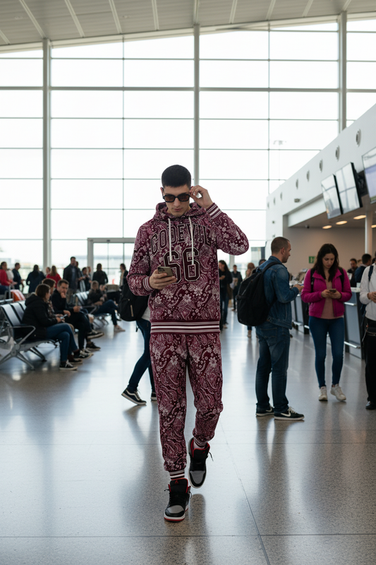 Go Devil 66 & Paisley Design Printed Red Hooded Cord Set for Men