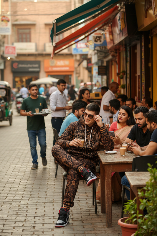 Go Devil 66 & Golden Paisley Design (in Brown) Printed Black Hooded Cord Set for Men