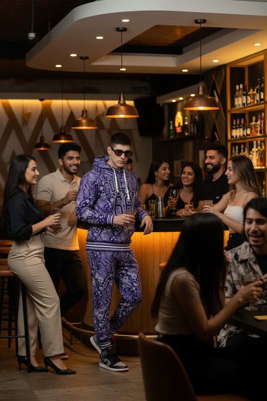 Go Devil 66 & Paisley Design Printed Purple Hooded Cord Set for Men