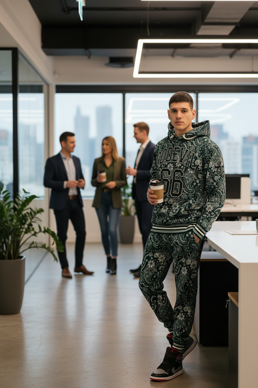 Go Devil 66 & Paisley Design Printed Dark Green Hooded Cord Set for Men