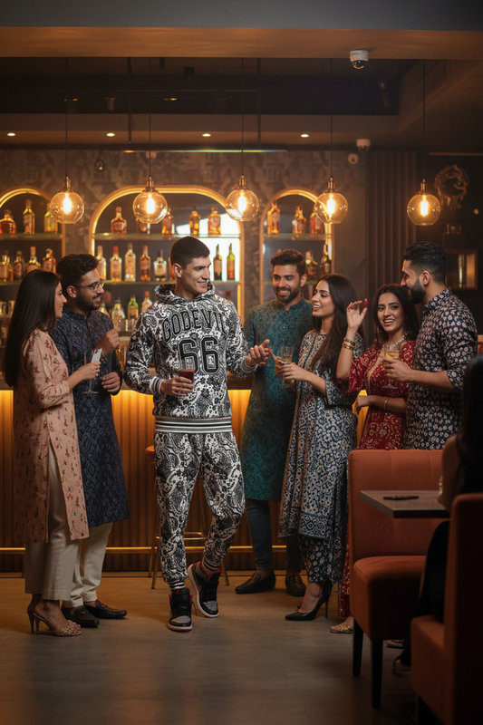 Go Devil 66 & Paisley Design Printed White Hooded Cord Set for Men