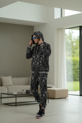 Paisley Design Printed Black Zipper Hoodie Cord Set for Men