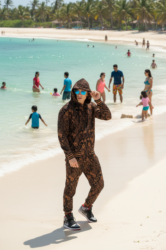 Paisley Design (in Brown) Printed Black Zipper Hoodie for Men