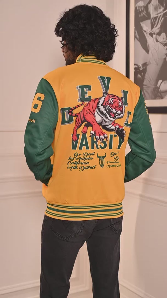 Tiger Printed Yellow & Green Varsity Jacket for Men