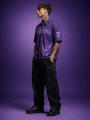 Go Devil Fearless Graphic Zip Oversized Dark Purple Half Sleeve Shirt For Men