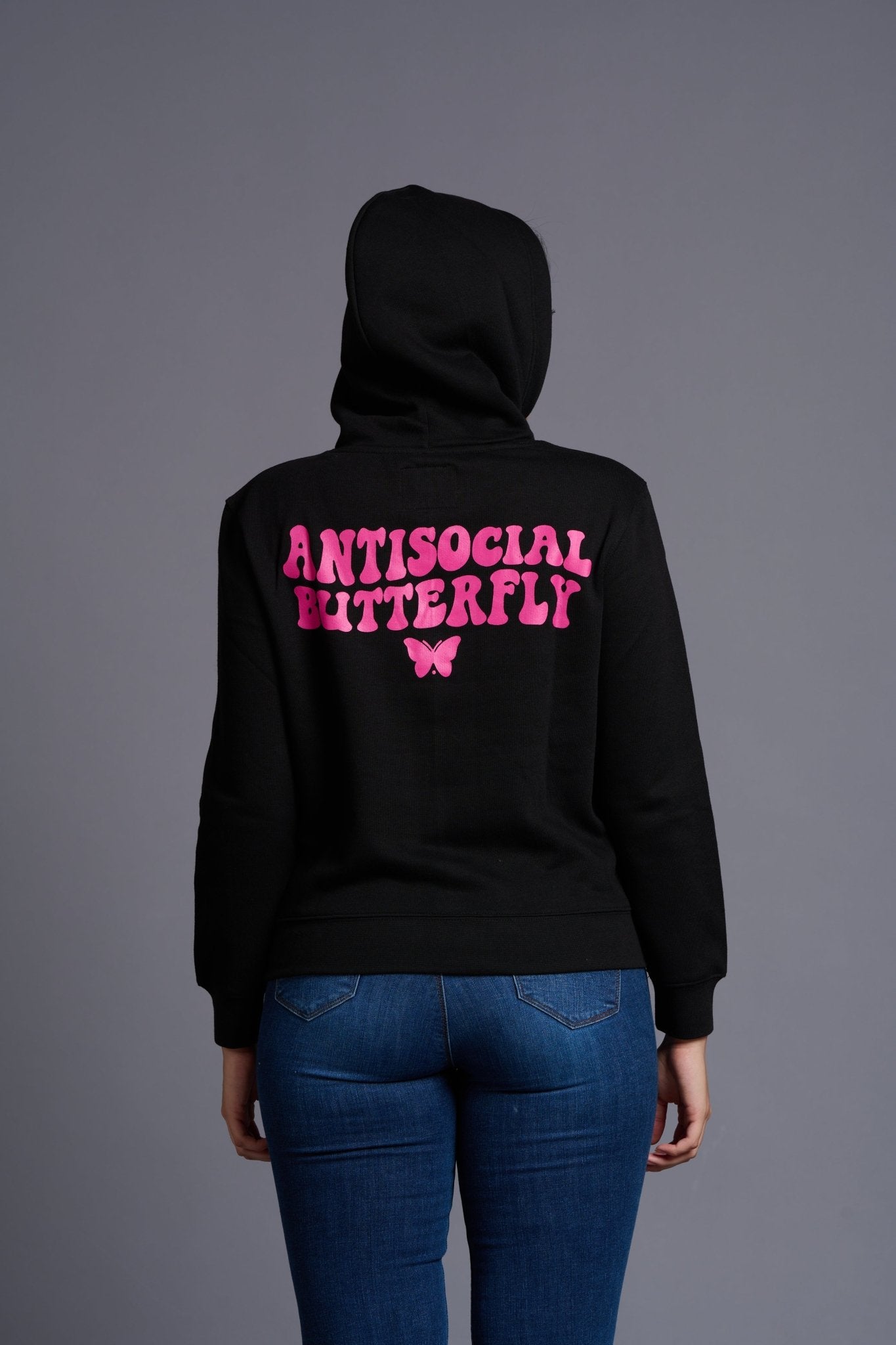 Antisocial Butterfly Pink Printed Black Hoodie for Women by Go Devil - Go Devil