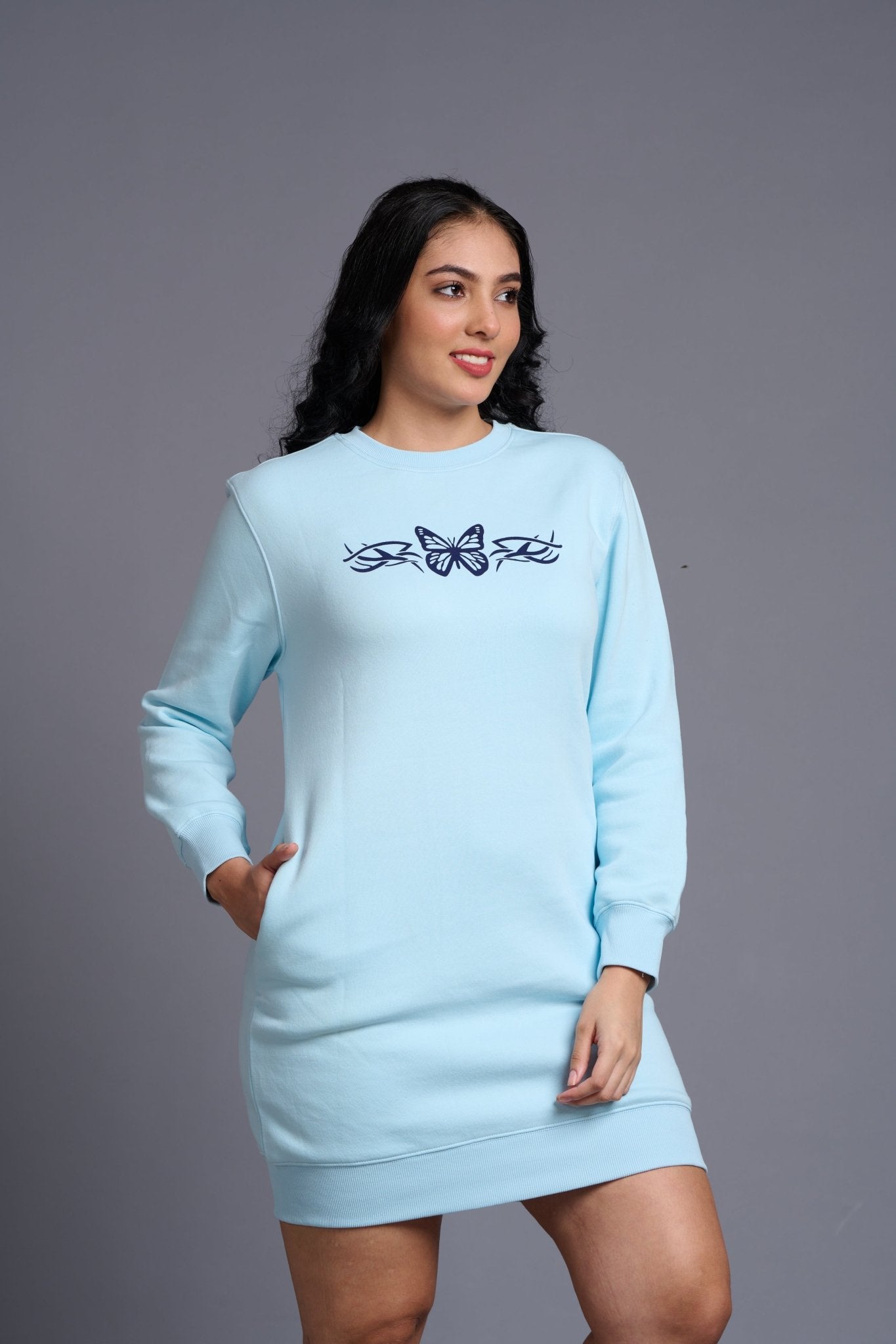 Butterfly Printed Sky Blue Sweatdress for Women - Go Devil