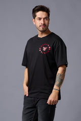 Chinese Devil in Red Foil Print Black Oversized T-Shirt for Men - Go Devil