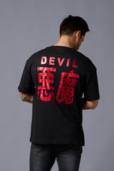 Chinese Devil in Red Foil Print Black Oversized T-Shirt for Men - Go Devil