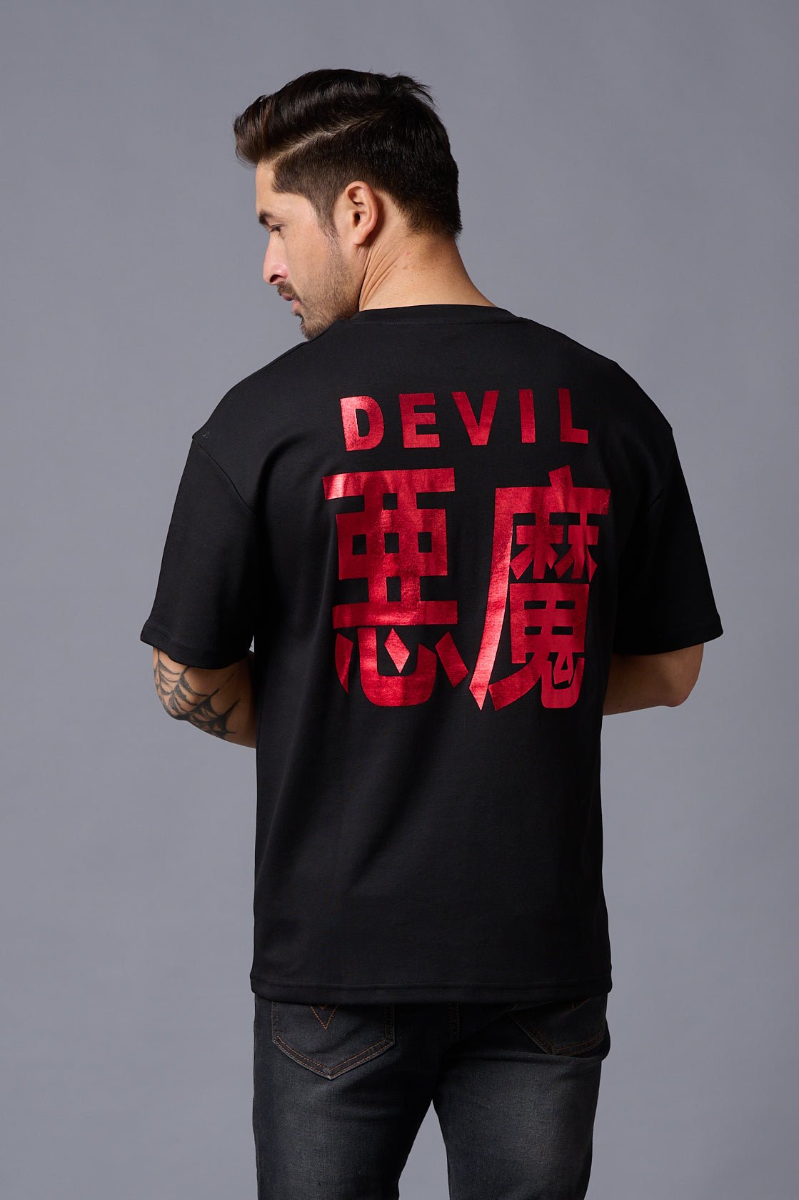 Chinese Devil in Red Foil Print Black Oversized T-Shirt for Men - Go Devil