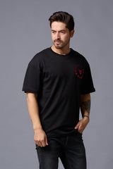 Chinese Devil in Red Foil Print Black Oversized T-Shirt for Men - Go Devil