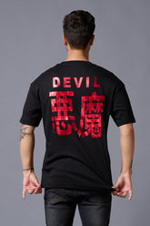 Chinese Devil in Red Foil Print Black Oversized T-Shirt for Men - Go Devil