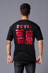 Chinese Devil in Red Foil Print Black Oversized T-Shirt for Men - Go Devil