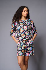 Colourful Skull Printed Black Co-ord Set for Women - Go Devil
