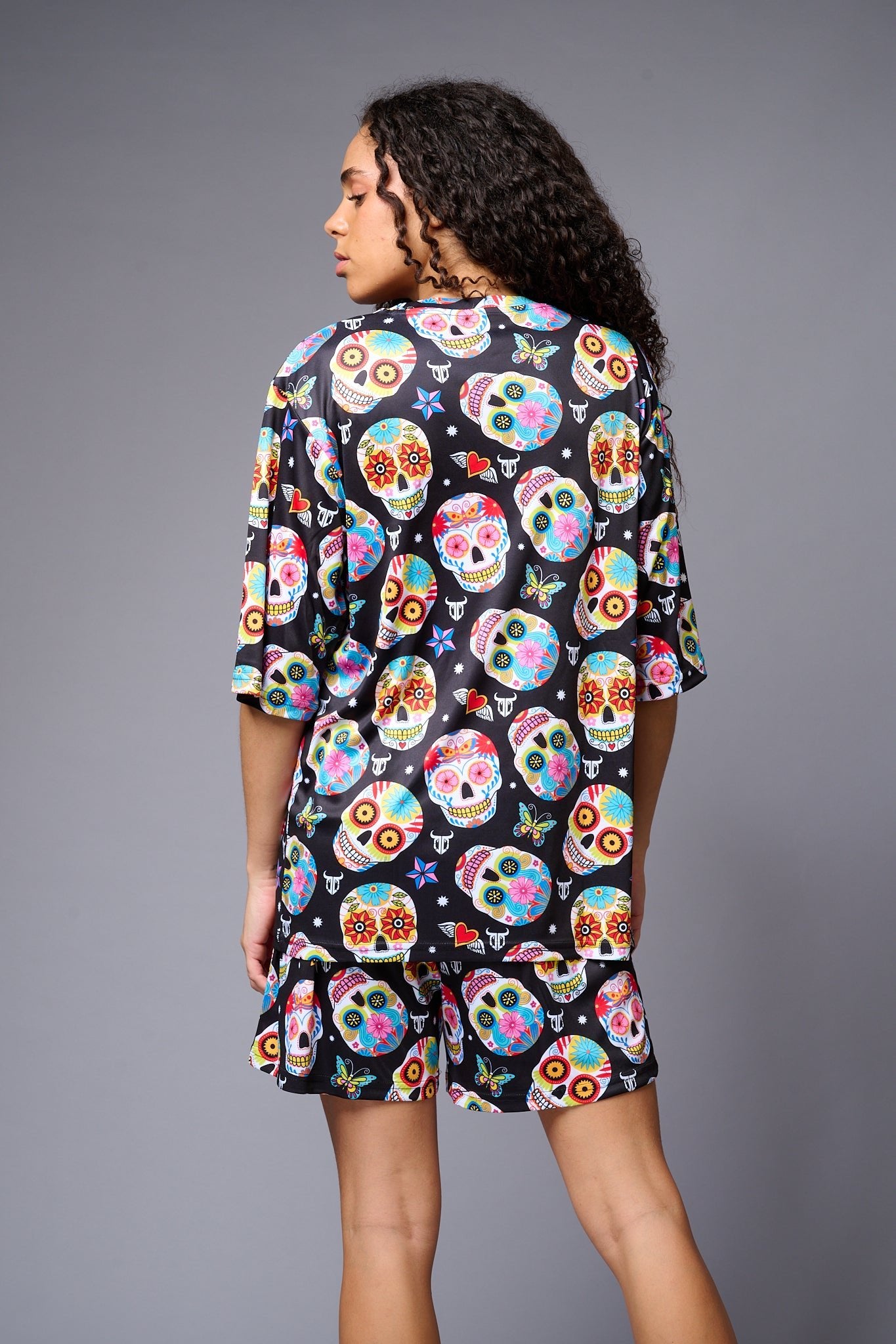 Colourful Skull Printed Black Co-ord Set for Women - Go Devil