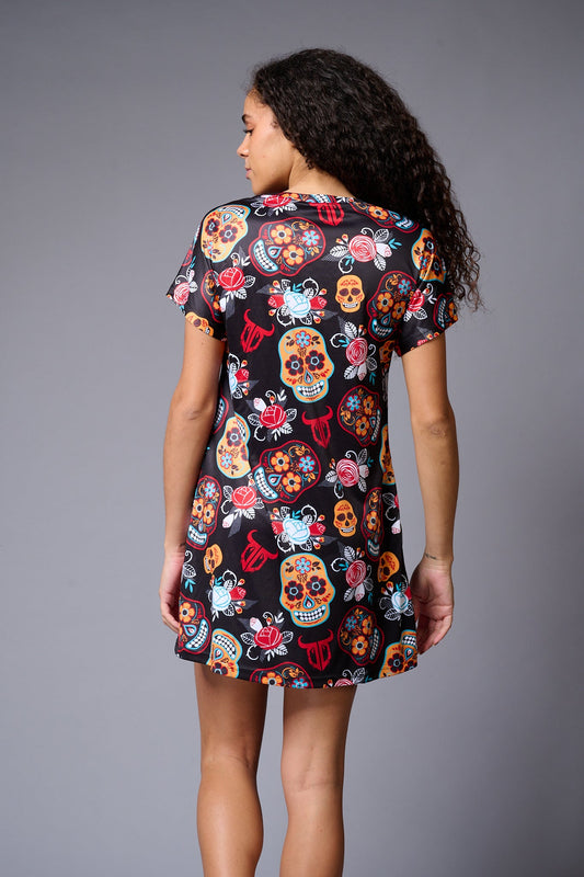 Colourful Skull Printed Black Dresses for Women - Go Devil