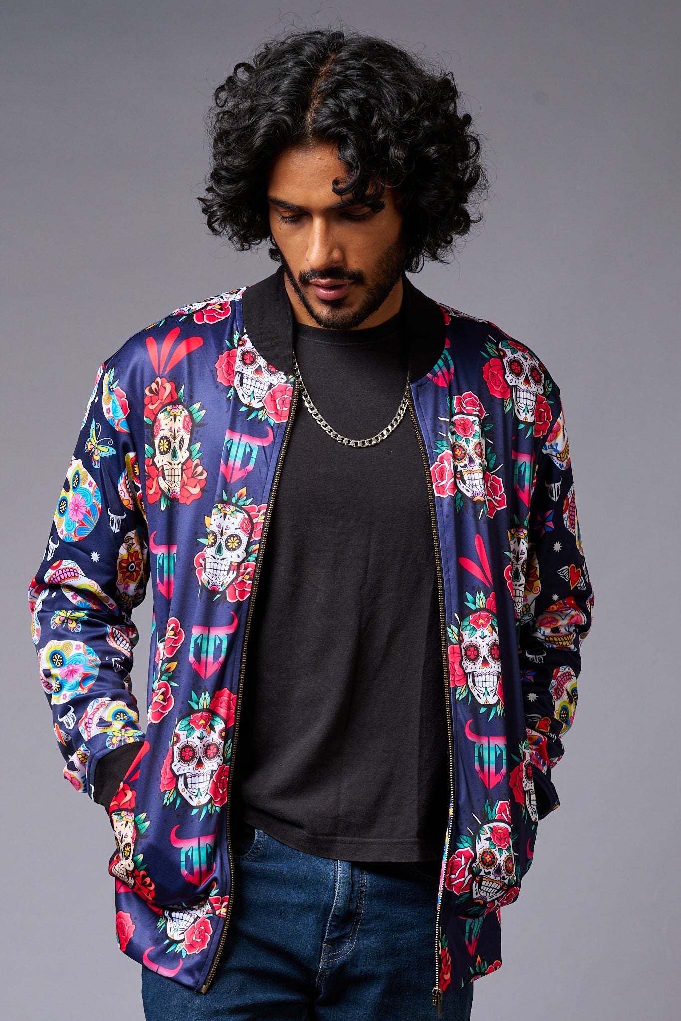 Colourful Skull Printed Blue Bomber Jacket for Men - Go Devil