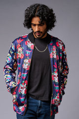 Colourful Skull Printed Blue Bomber Jacket for Men - Go Devil
