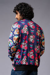 Colourful Skull Printed Blue Bomber Jacket for Men - Go Devil