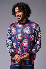 Colourful Skull Printed Blue Bomber Jacket for Men - Go Devil