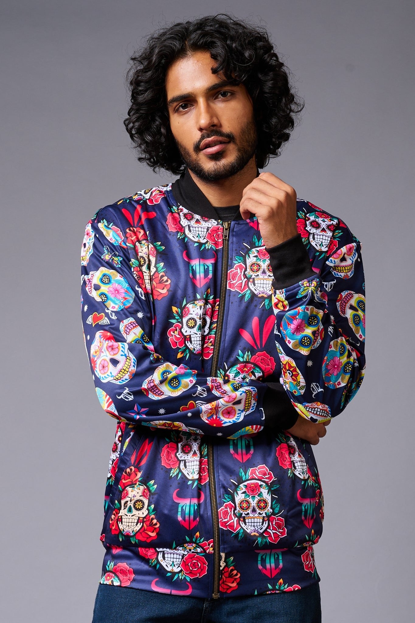 Colourful Skull Printed Blue Bomber Jacket for Men - Go Devil