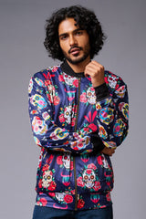 Colourful Skull Printed Blue Bomber Jacket for Men - Go Devil