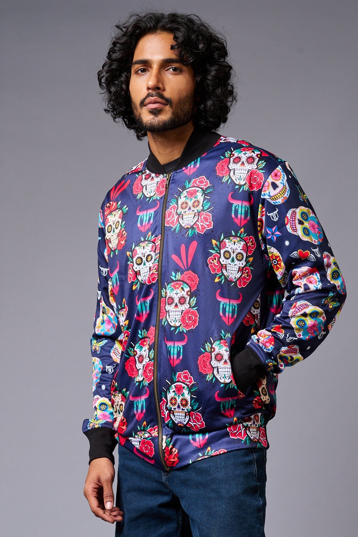 Colourful Skull Printed Blue Bomber Jacket for Men - Go Devil