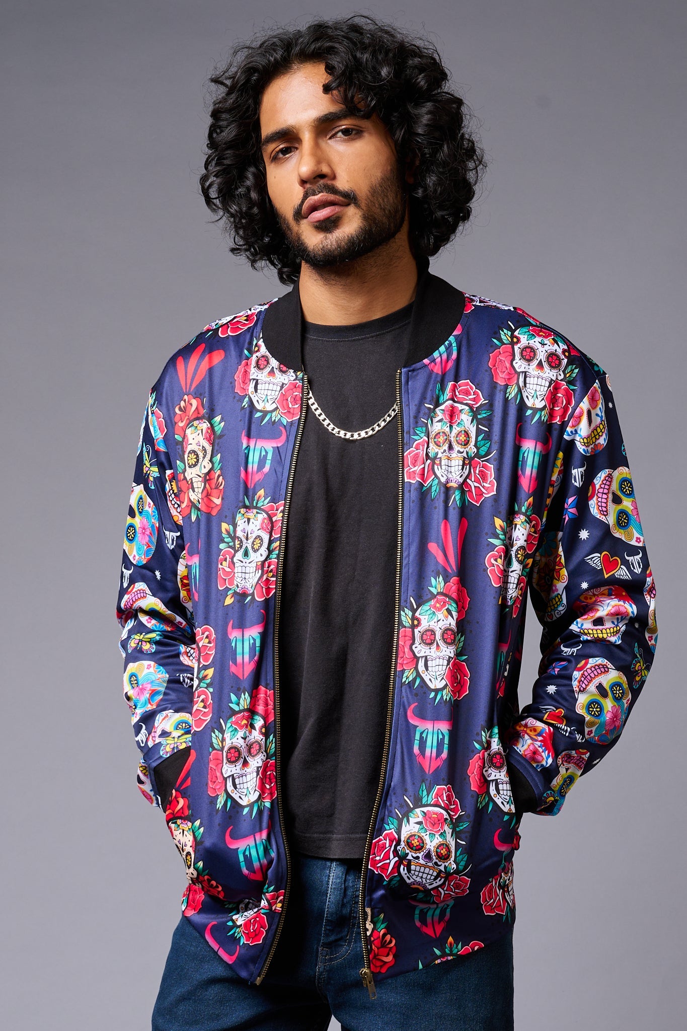 Colourful Skull Printed Blue Bomber Jacket for Men - Go Devil