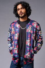 Colourful Skull Printed Blue Bomber Jacket for Men - Go Devil