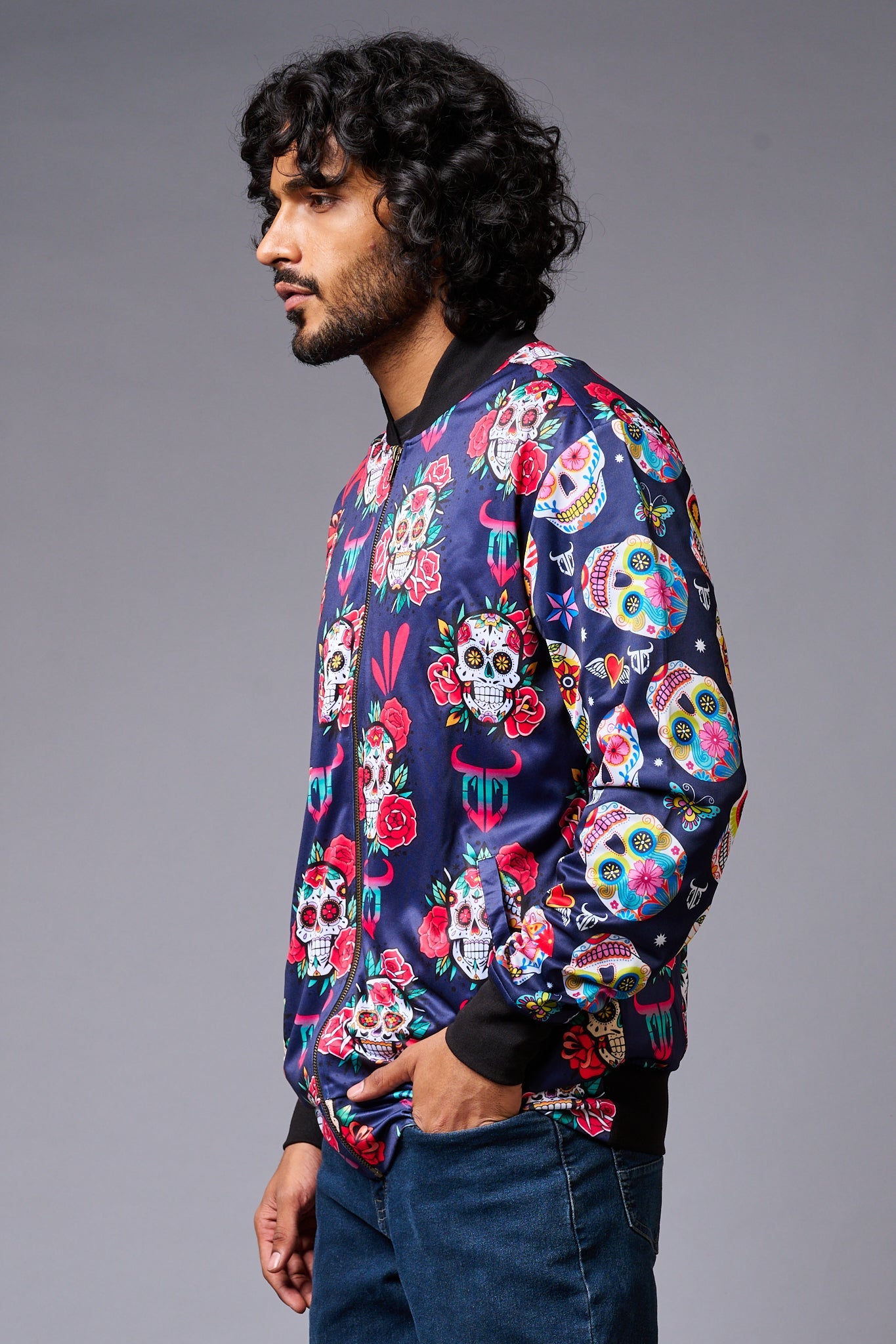 Colourful Skull Printed Blue Bomber Jacket for Men - Go Devil