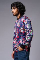Colourful Skull Printed Blue Bomber Jacket for Men - Go Devil