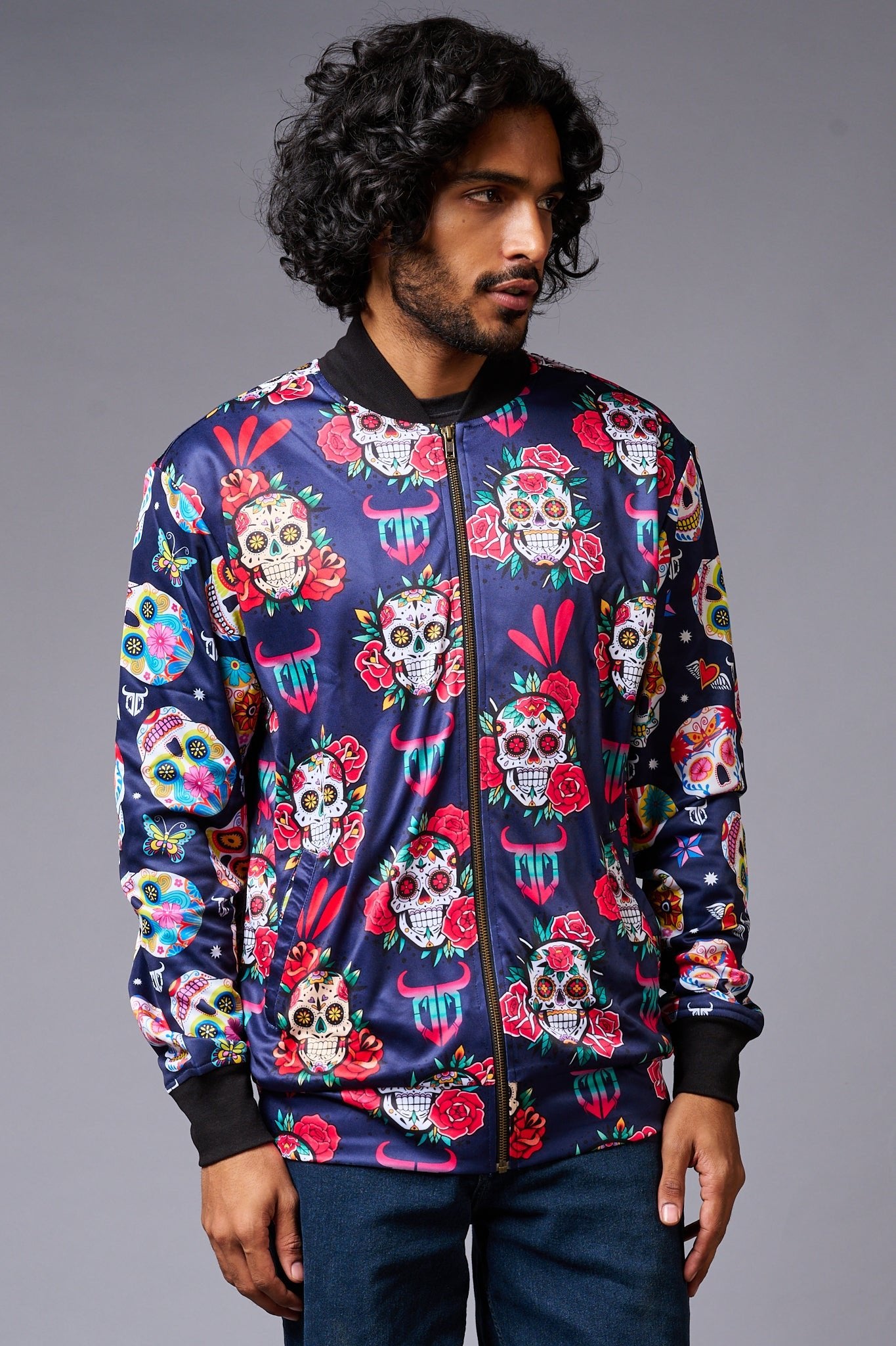 Colourful Skull Printed Blue Bomber Jacket for Men - Go Devil