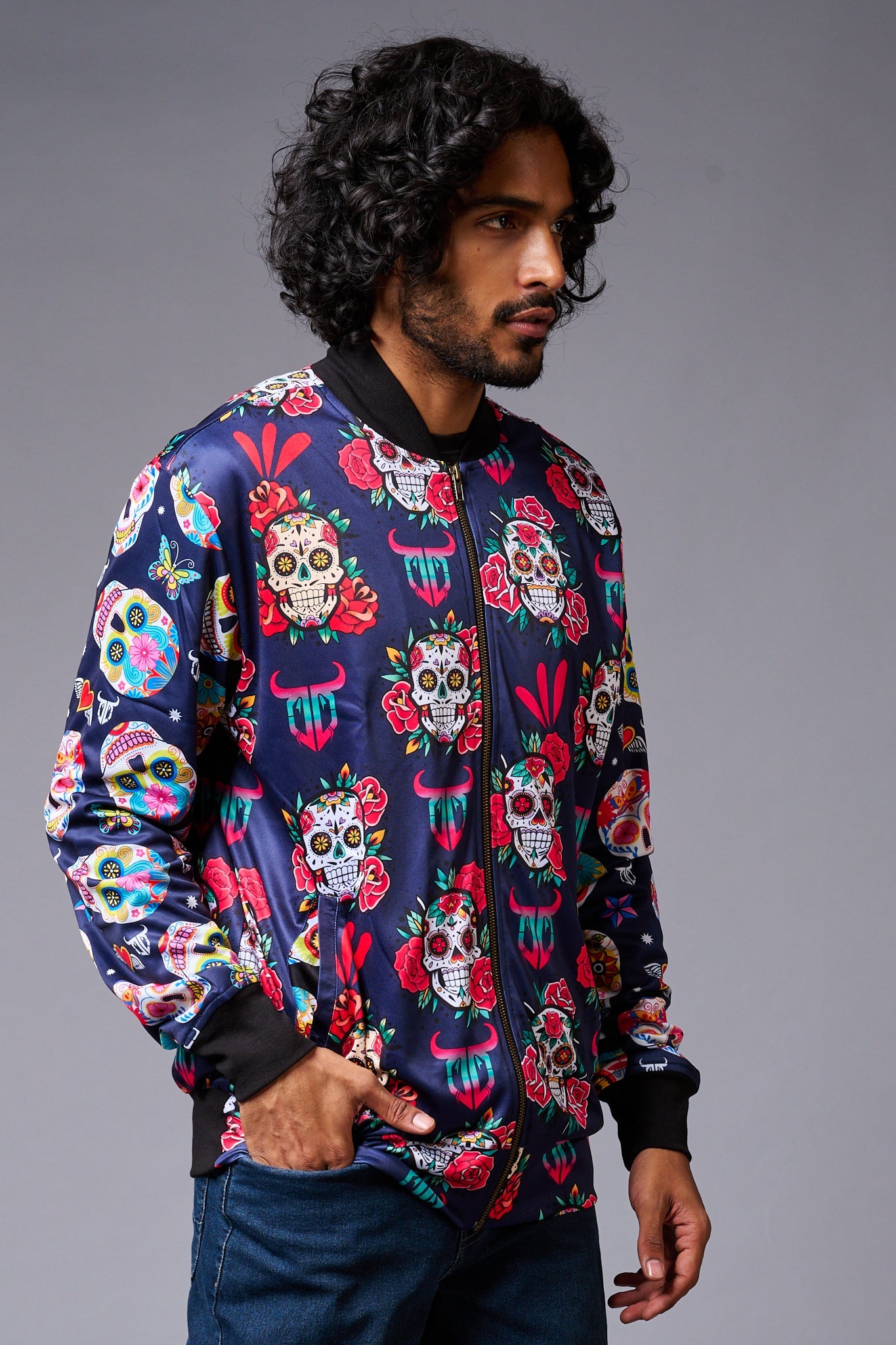 Colourful Skull Printed Blue Bomber Jacket for Men - Go Devil