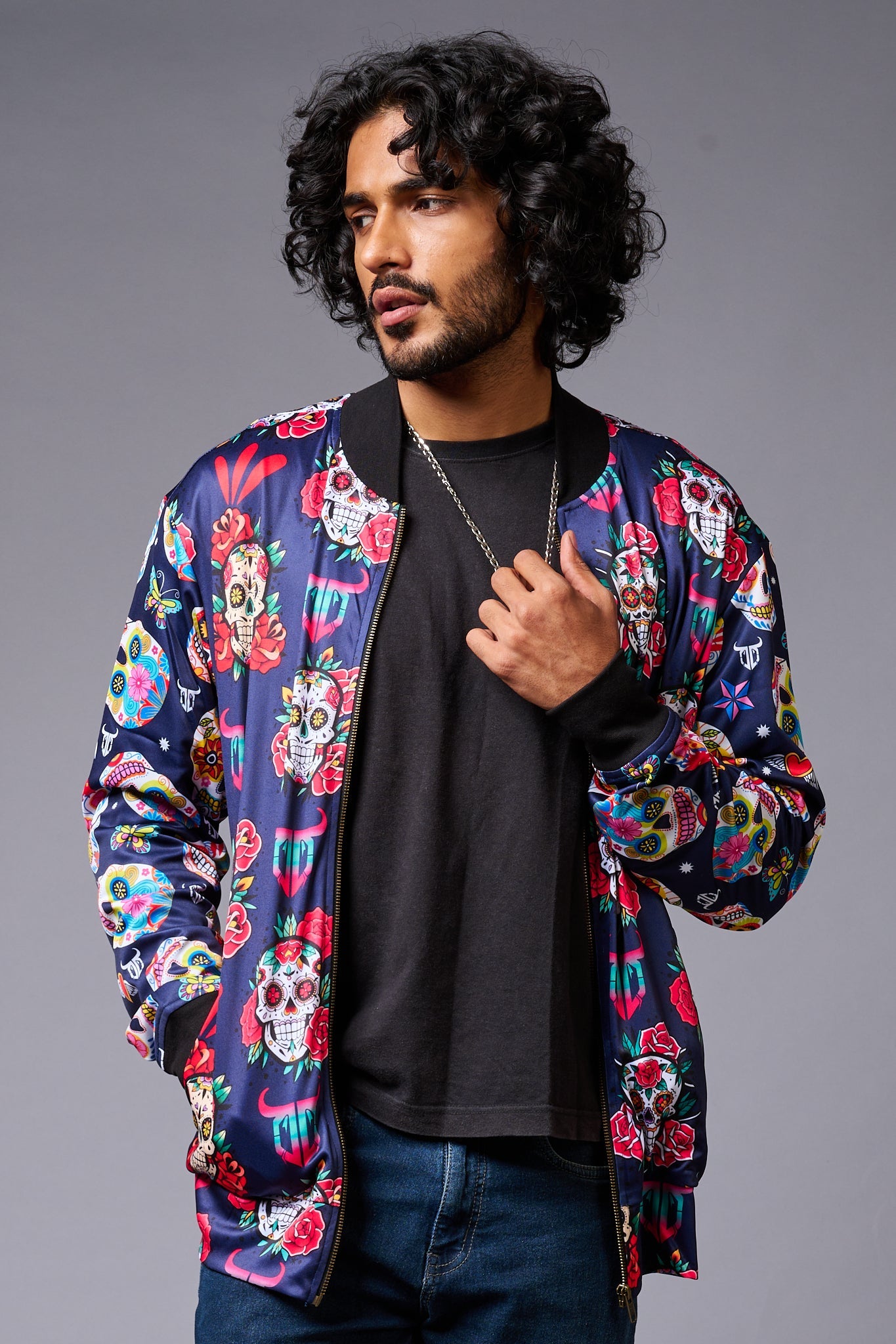 Colourful Skull Printed Blue Bomber Jacket for Men - Go Devil