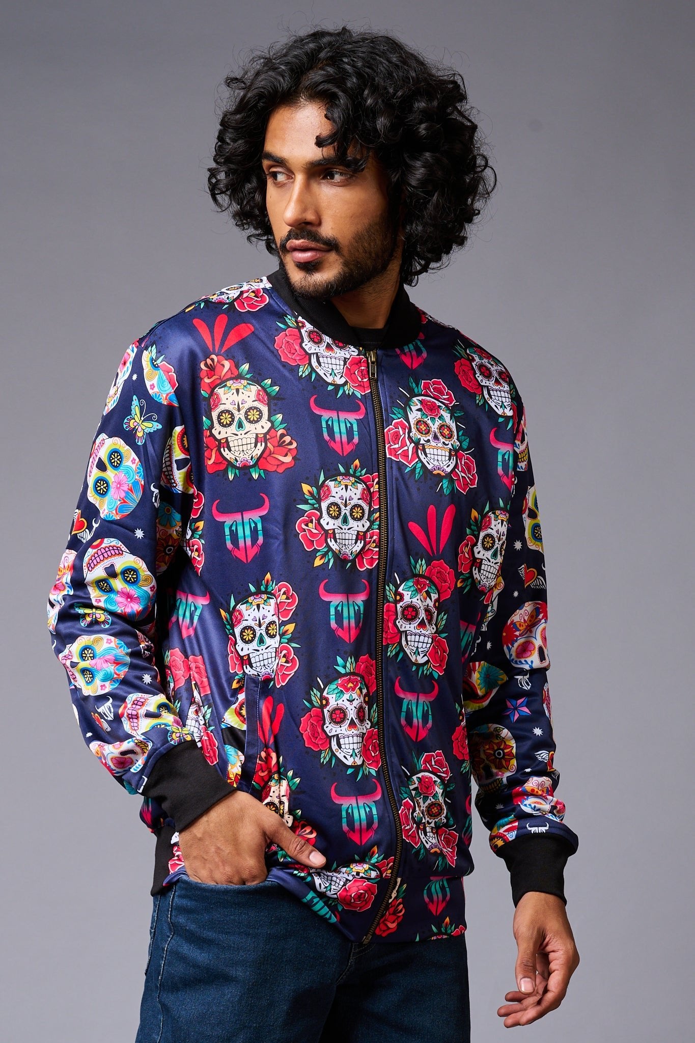 Colourful Skull Printed Blue Bomber Jacket for Men - Go Devil