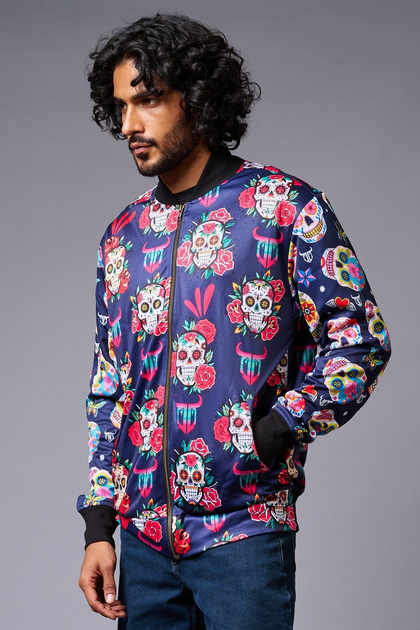 Colourful Skull Printed Blue Bomber Jacket for Men - Go Devil