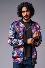 Colourful Skull Printed Blue Bomber Jacket for Men - Go Devil