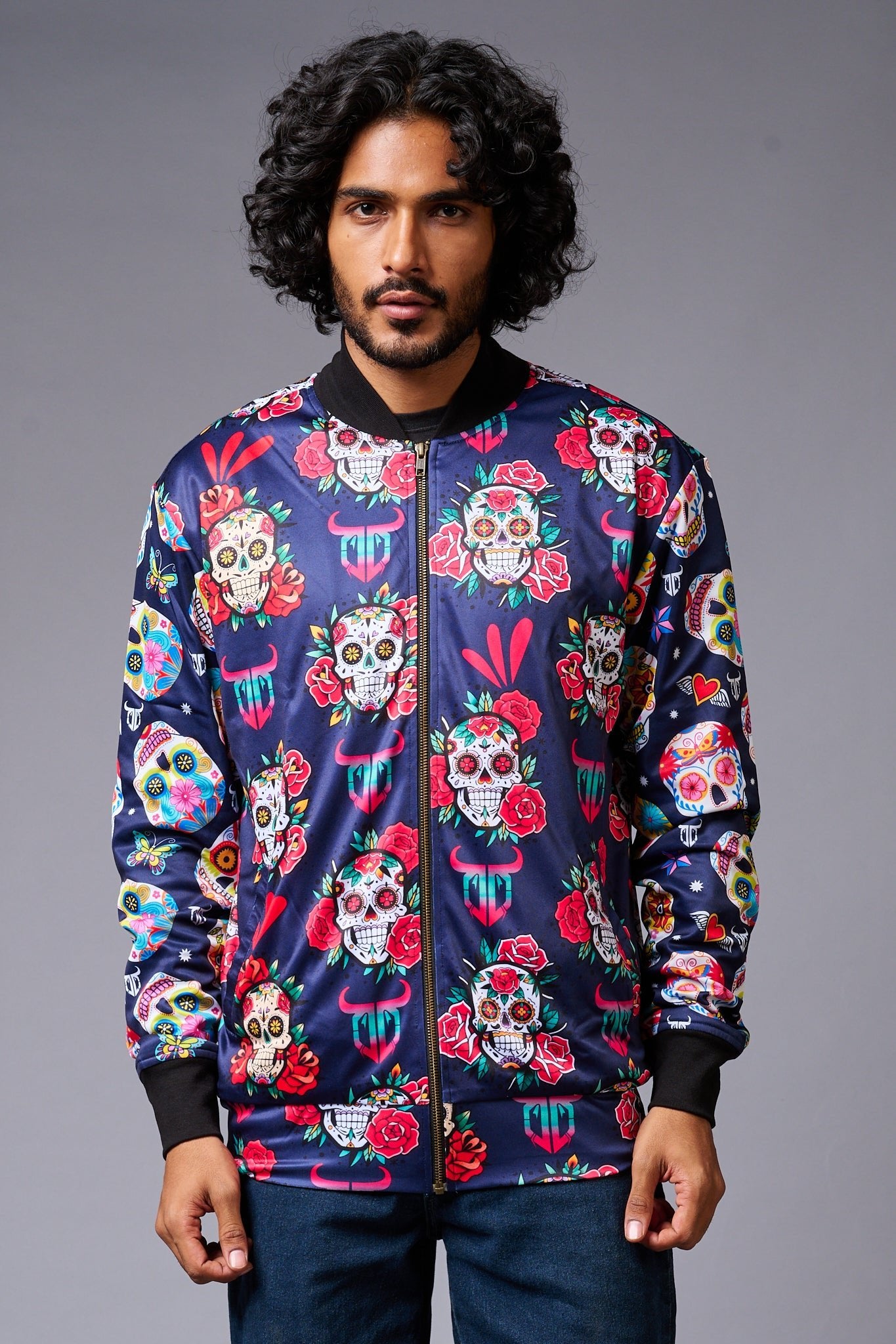 Colourful Skull Printed Blue Bomber Jacket for Men - Go Devil