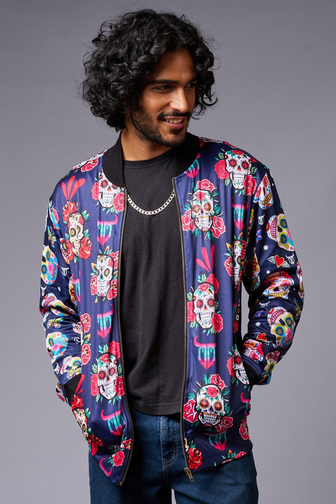 Colourful Skull Printed Blue Bomber Jacket for Men - Go Devil