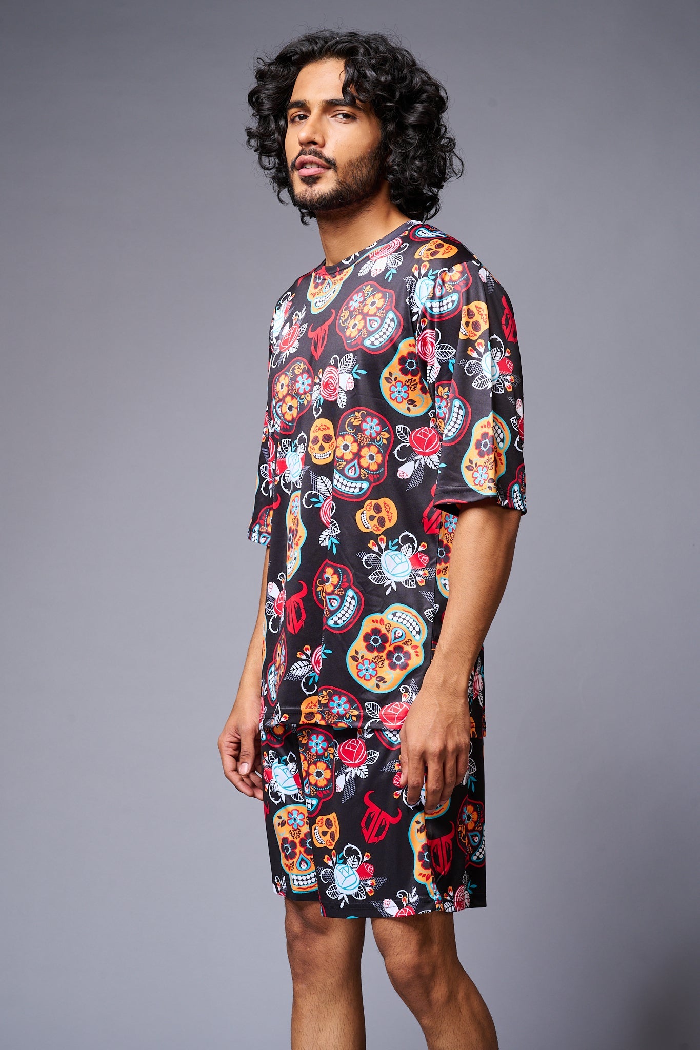 Colourful Skull Printed Red & Black Co-ord Set for Men - Go Devil