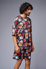 Colourful Skull Printed Red & Black Co-ord Set for Men - Go Devil