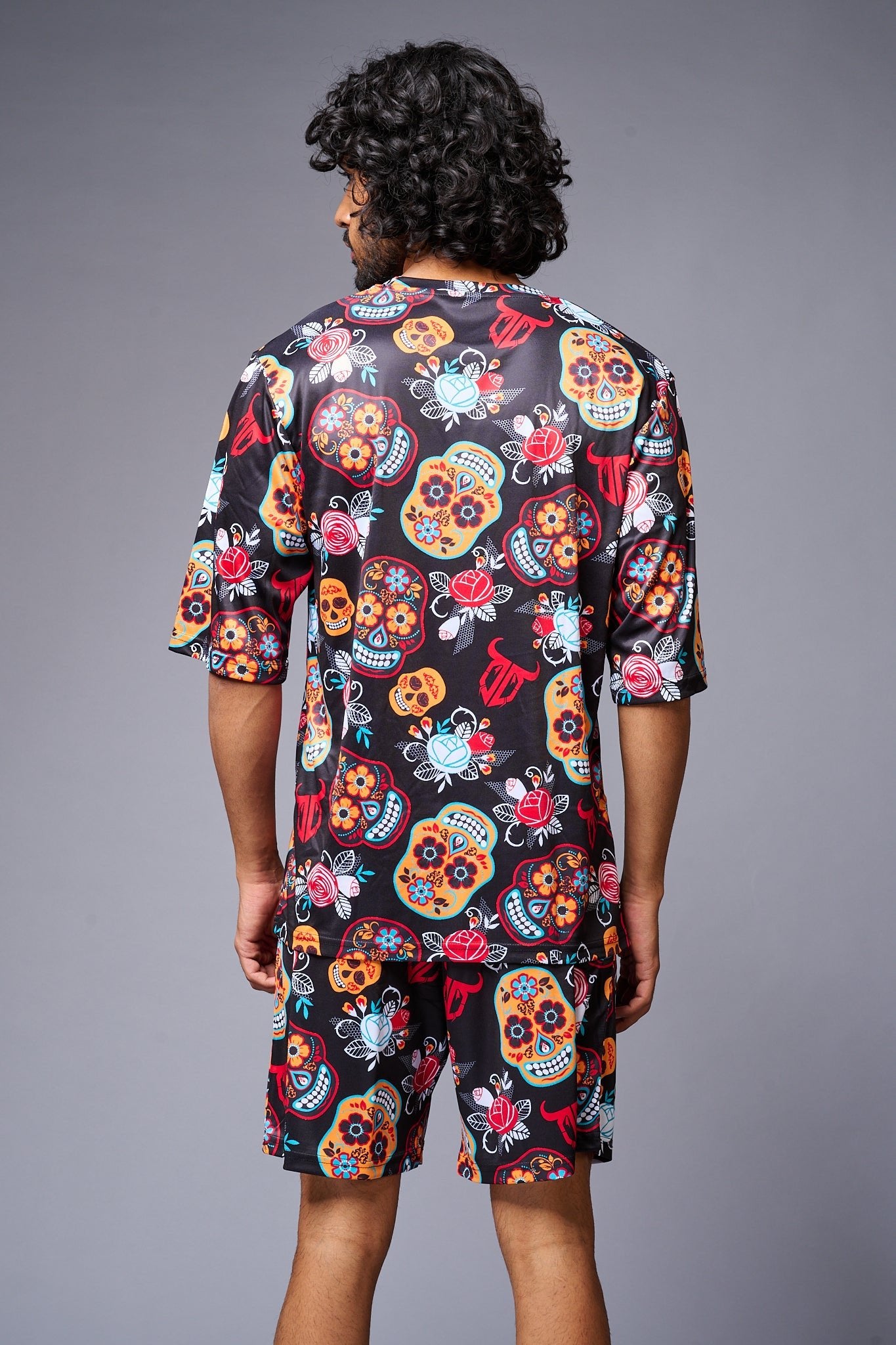 Colourful Skull Printed Red & Black Co-ord Set for Men - Go Devil