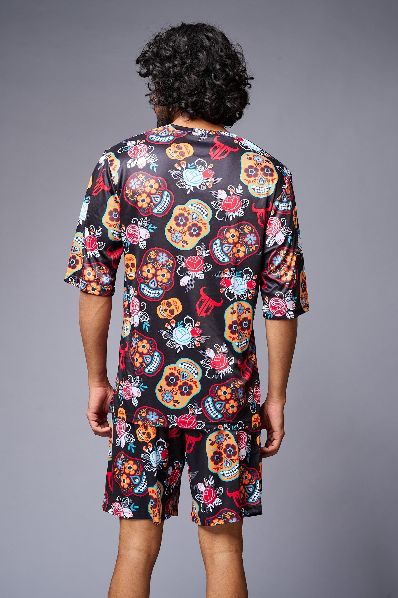 Colourful Skull Printed Red & Black Co-ord Set for Men - Go Devil