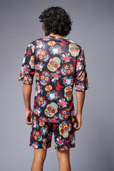Colourful Skull Printed Red & Black Co-ord Set for Men - Go Devil
