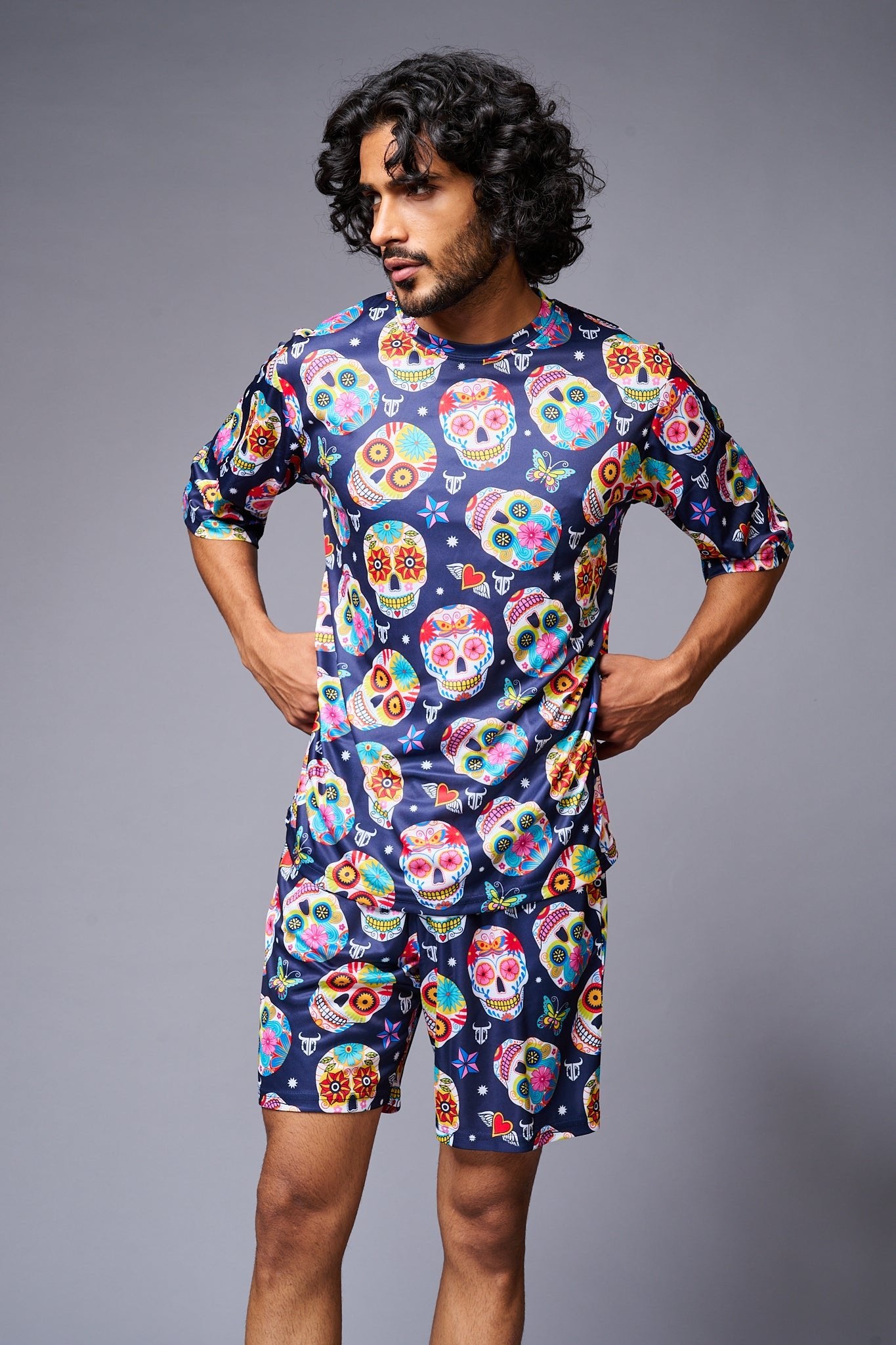 Colourfull Skull Printed Blue Co-ord Set for Men - Go Devil