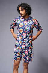 Colourfull Skull Printed Blue Co-ord Set for Men - Go Devil